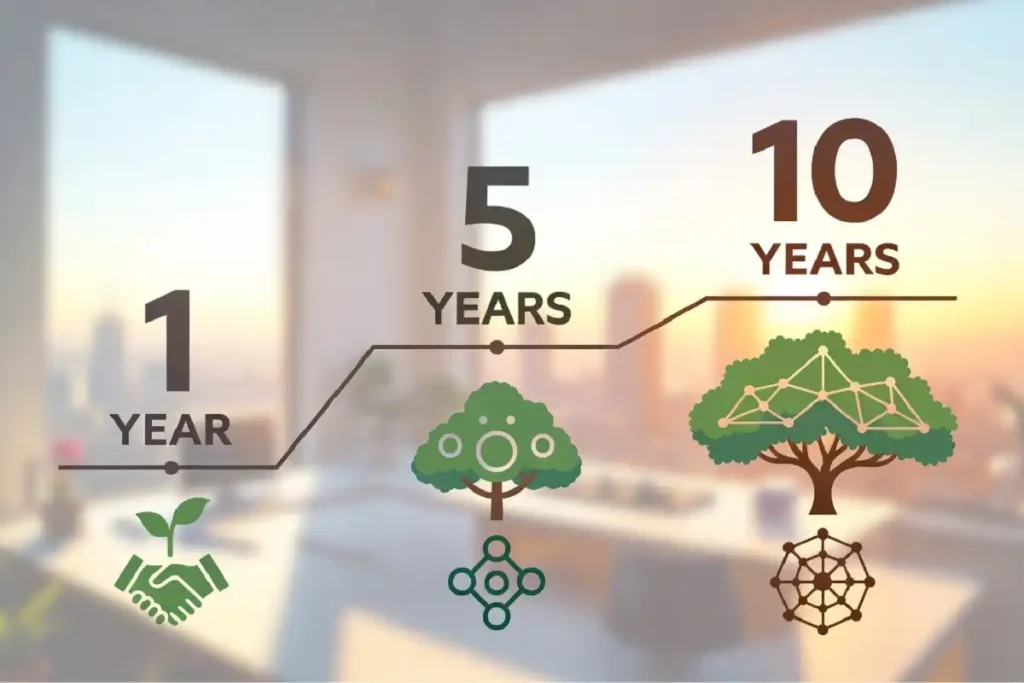 Timeline illustration of work anniversary milestones marking one year establishment, five year growth, and ten year loyalty with career progression icons