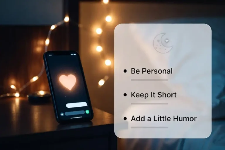 cute good night messages for her shown on a glowing phone with a tips infographic