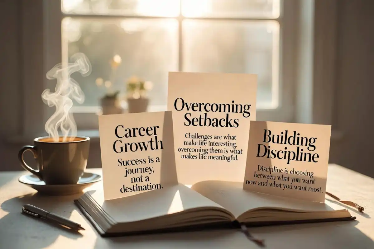 Daily inspiration quotes for success organized into career growth, overcoming setbacks, and building discipline categories.