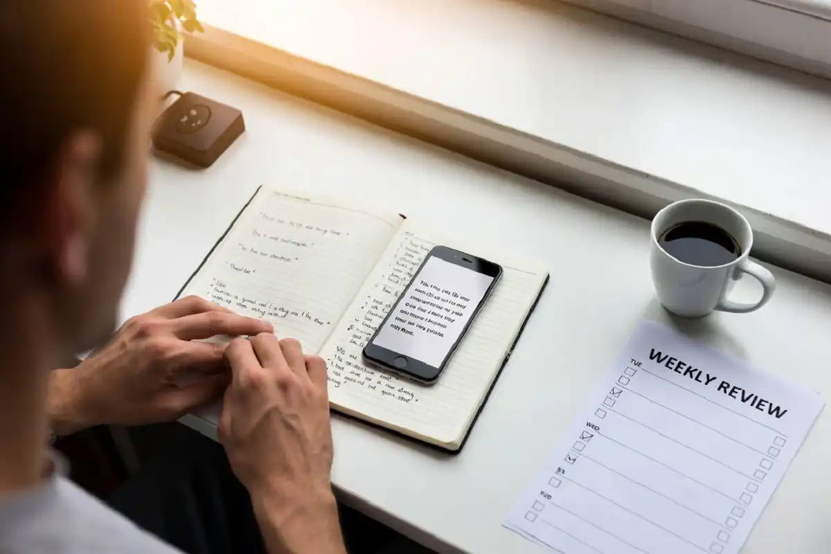 Person reviewing a list of daily inspiration quotes for success in a calm morning workspace.