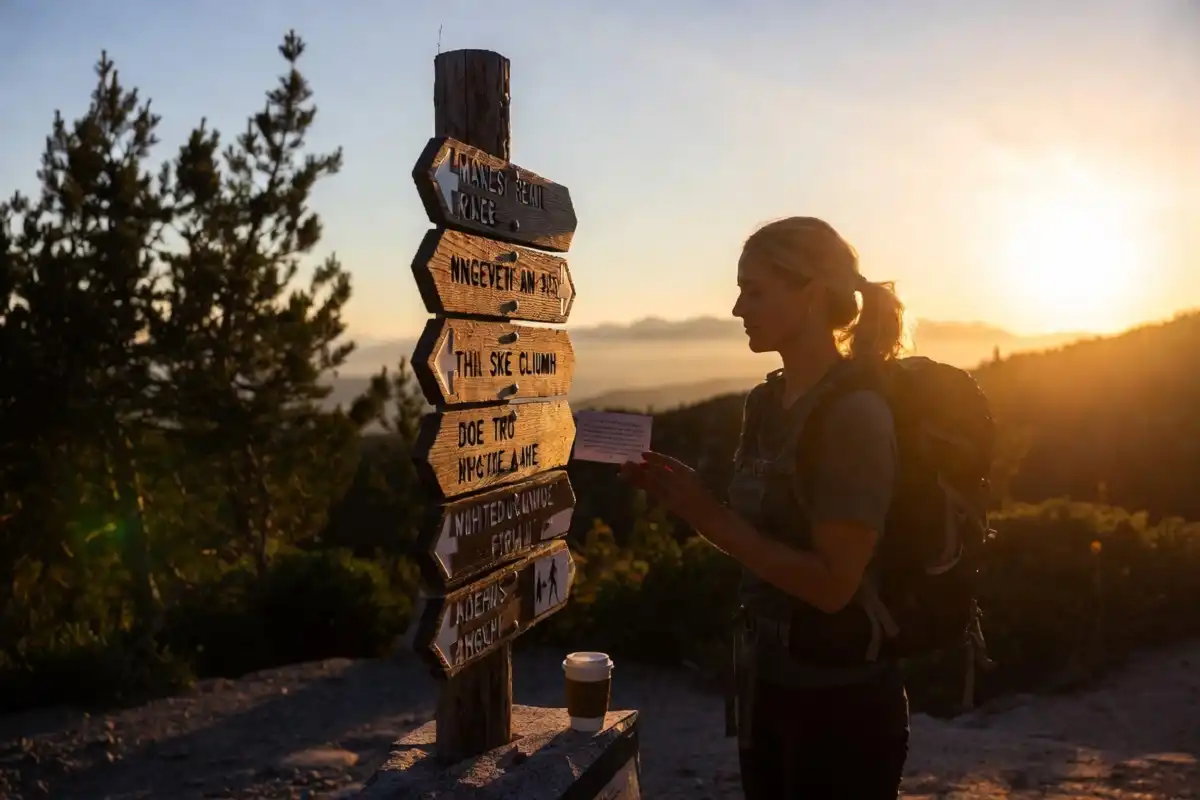 Hiker reading an inspirational quote at a peaceful trailhead before starting a morning hike.