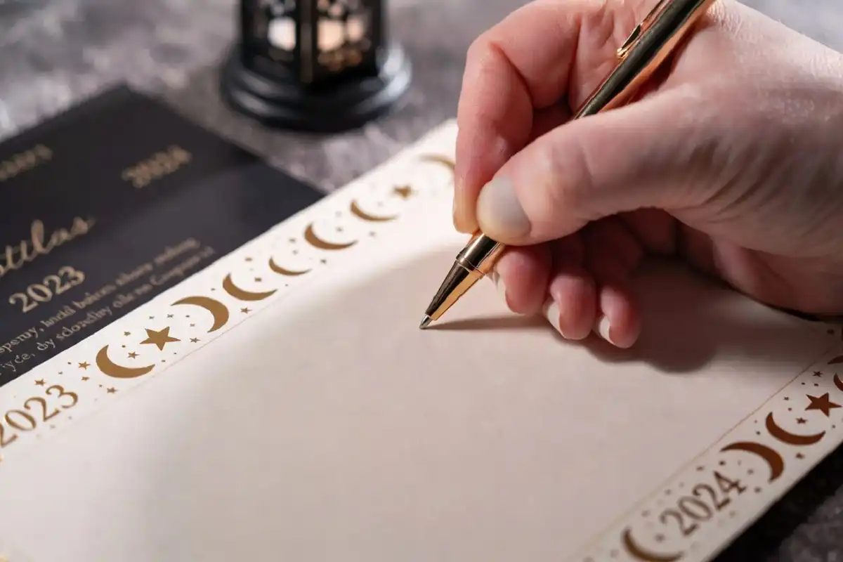 Handwritten Eid Mubarak wishes and quotes on a greeting card