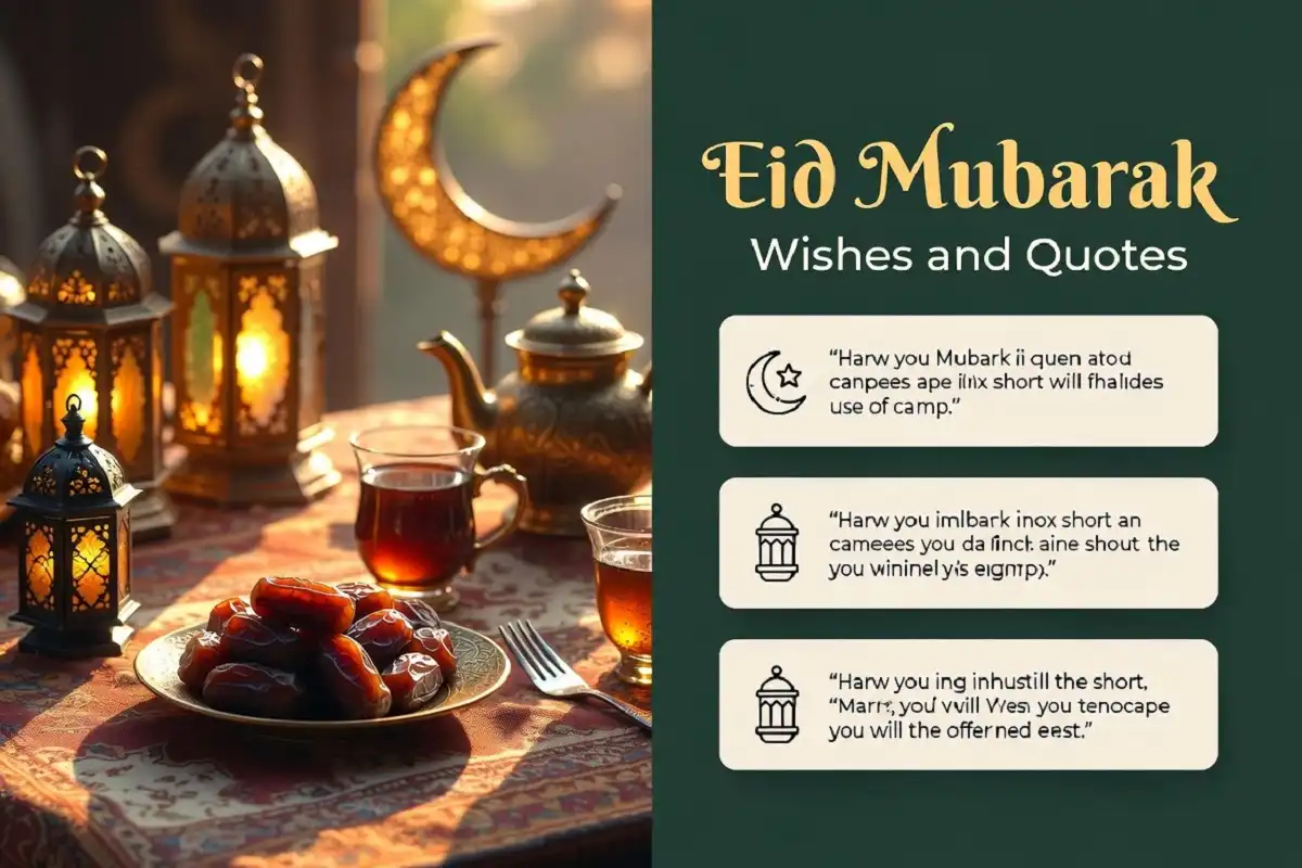 Eid Mubarak wishes and quotes featured image with festive table and greeting text