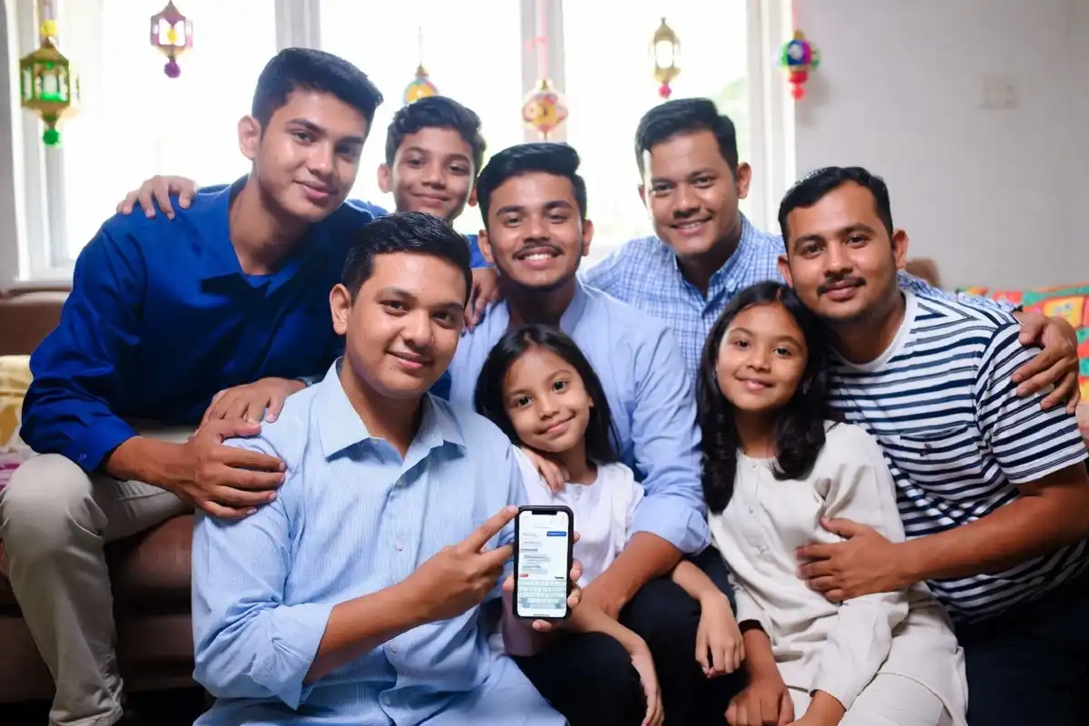 Family reading Eid Mubarak wishes and quotes together at home