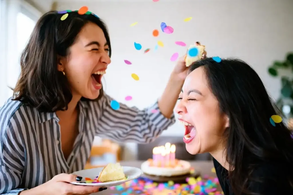 Two friends laughing and sharing birthday cake with confetti at a party