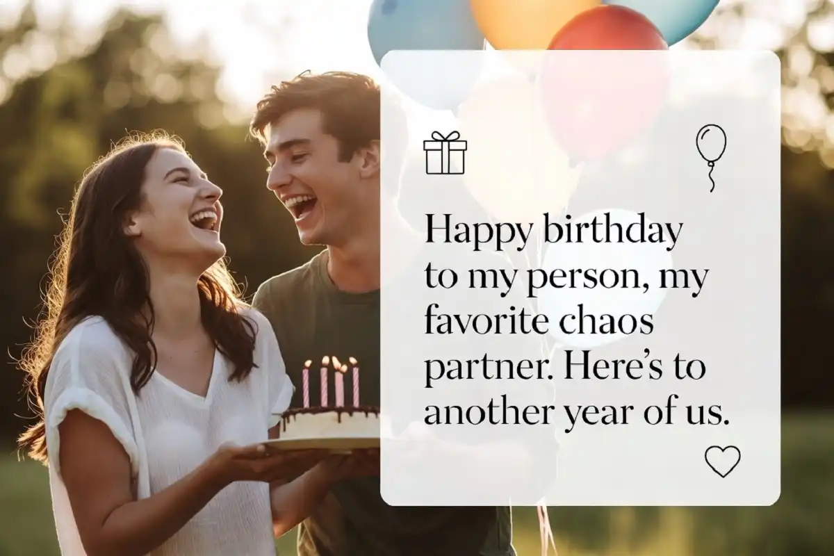 Happy birthday wishes for best friend — two friends celebrating with cake and a sample birthday message graphic