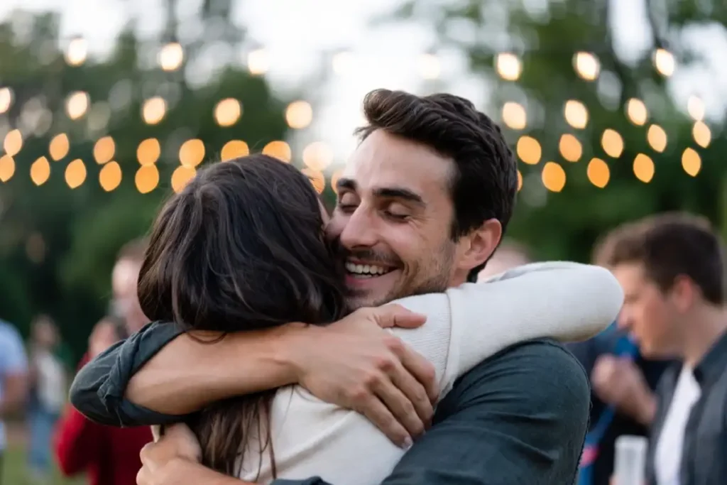 Two close friends embracing in a warm hug at an outdoor birthday celebration