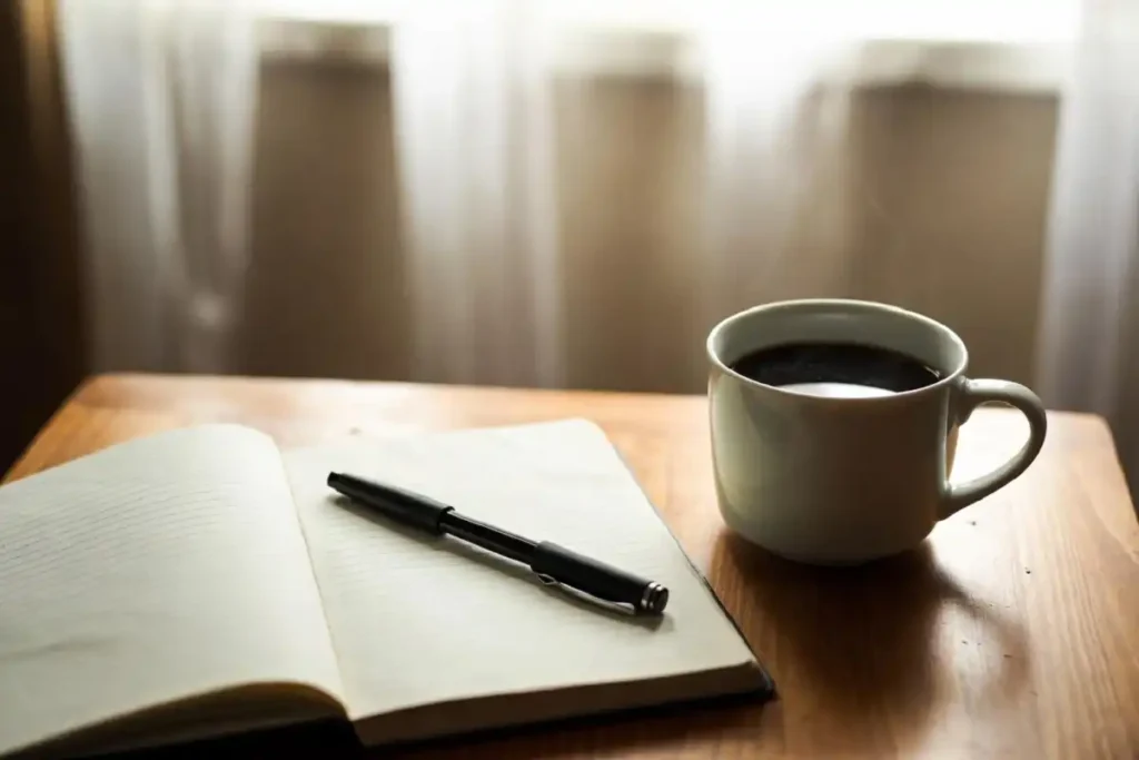 Journal and coffee cup on a table during a morning gratitude practice