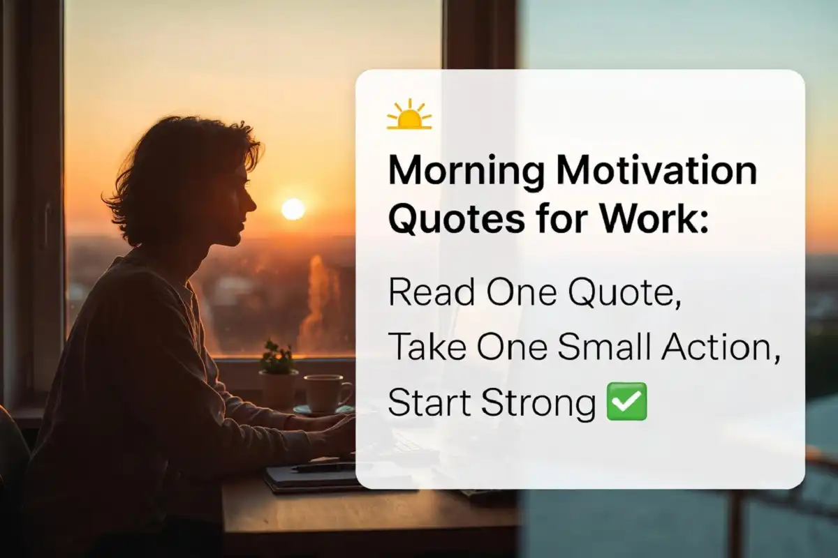 Person reading morning motivation quotes for work at a sunrise desk with an infographic quote card