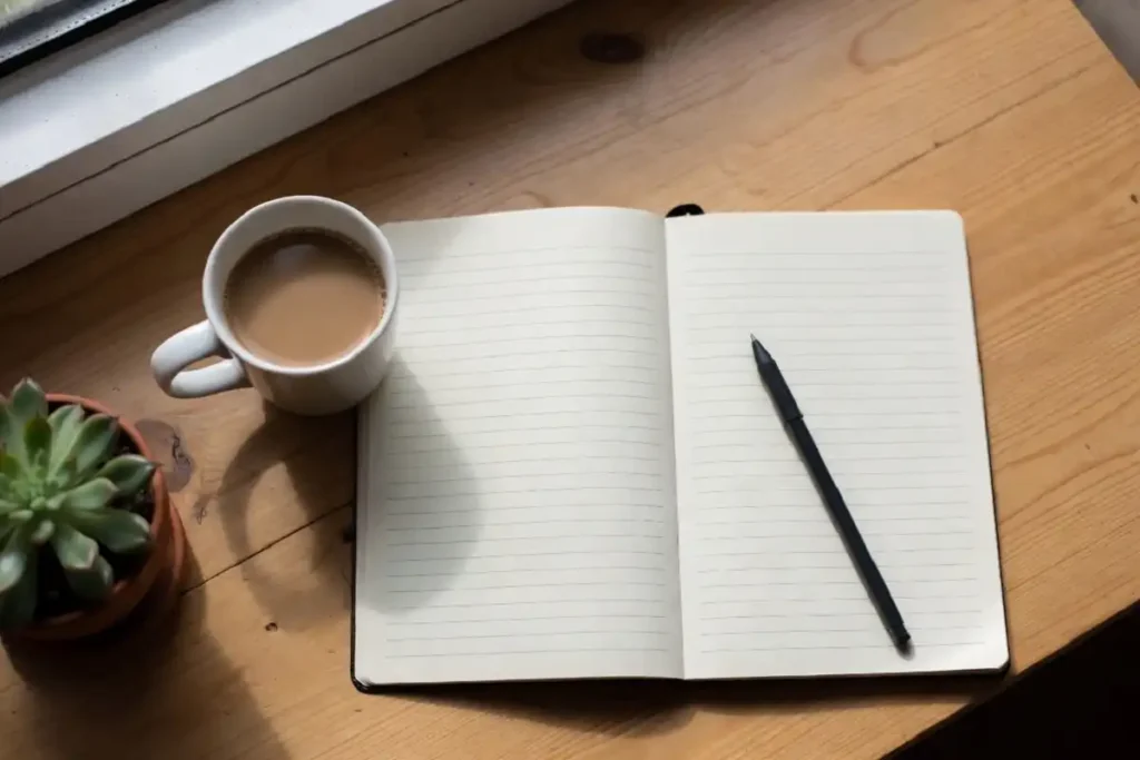  Notebook with a handwritten morning motivation quote for work next to a coffee cup on a desk