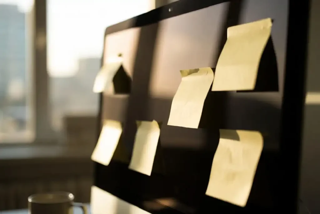 Sticky notes with morning motivation quotes for work on a computer monitor in soft morning light