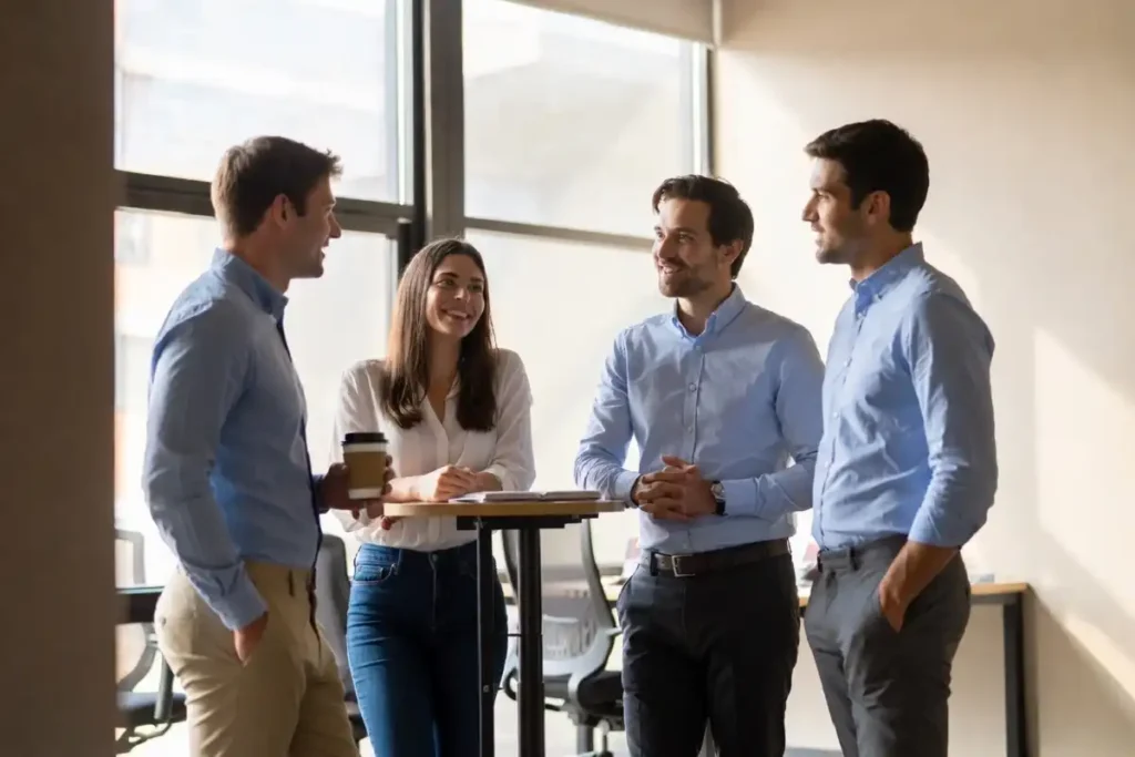 Small team sharing morning motivation quotes for work during a standup meeting