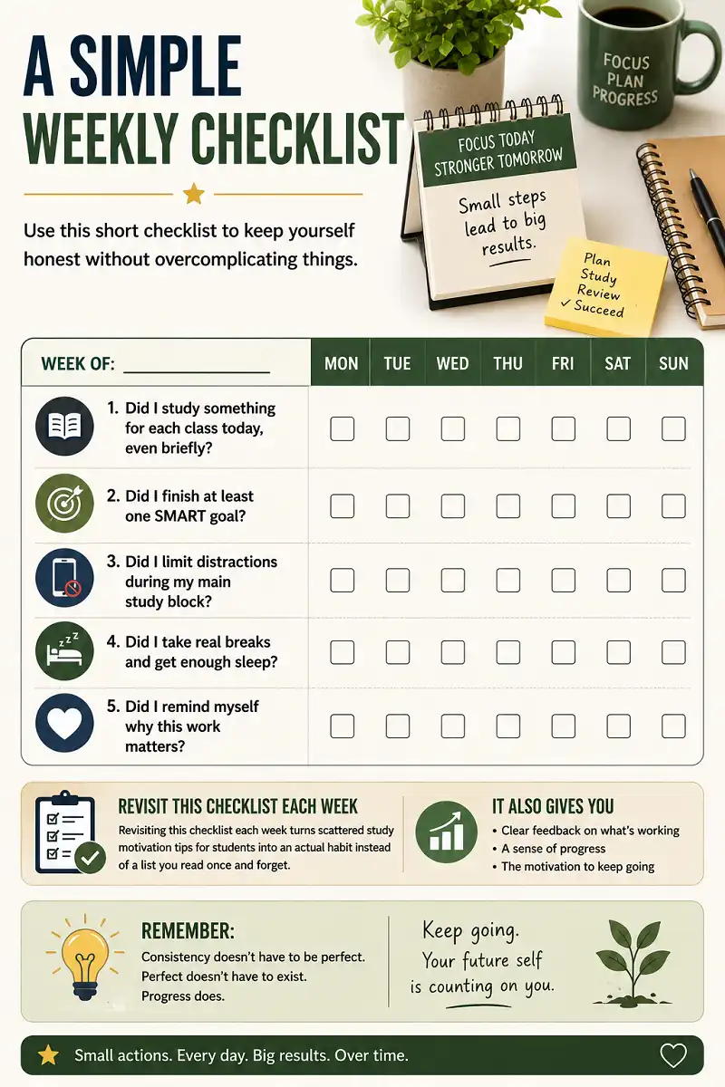 Weekly study checklist covering goals, focus, breaks, sleep, and motivation.
