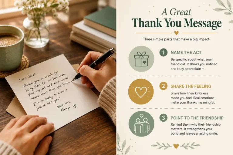 Infographic showing how to write thank you messages for friends in three steps beside a friend handwriting a card