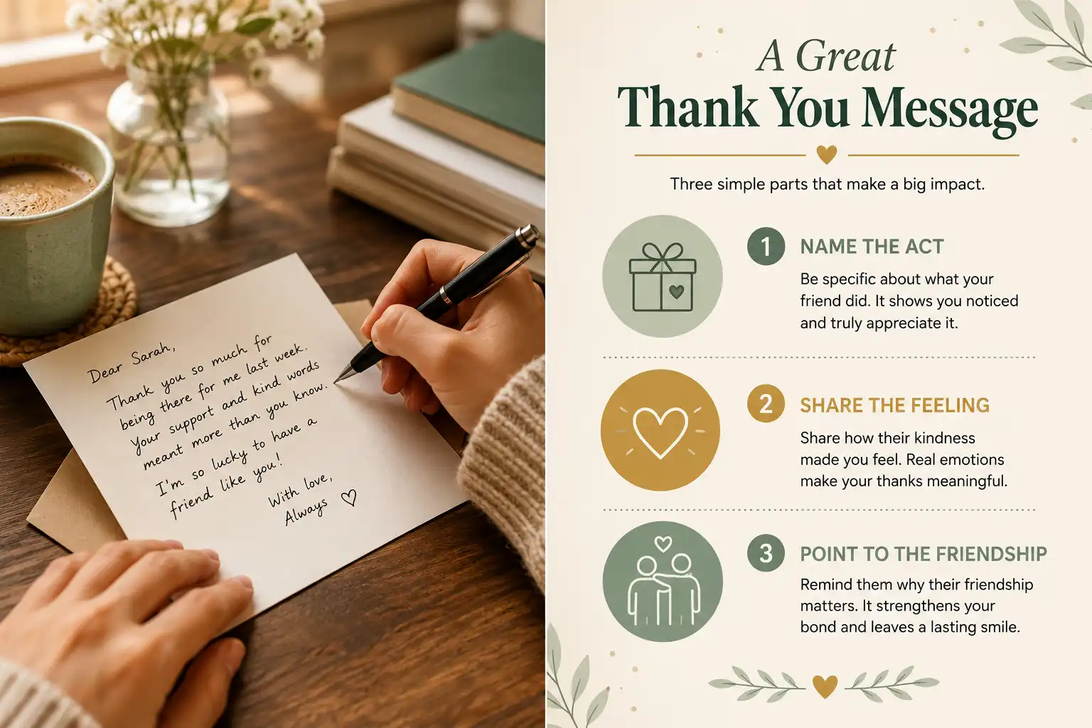 Infographic showing how to write thank you messages for friends in three steps beside a friend handwriting a card