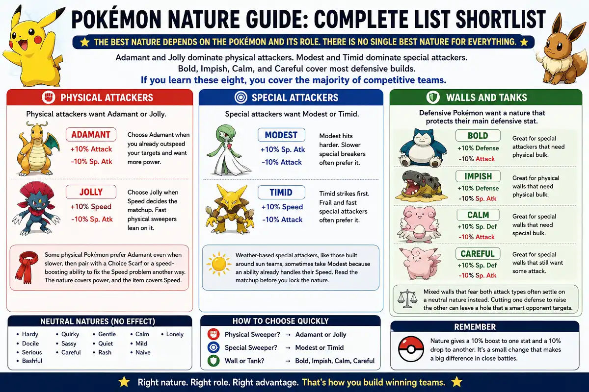 Infographic comparing the best Pokémon natures for physical, special, and defensive roles.
