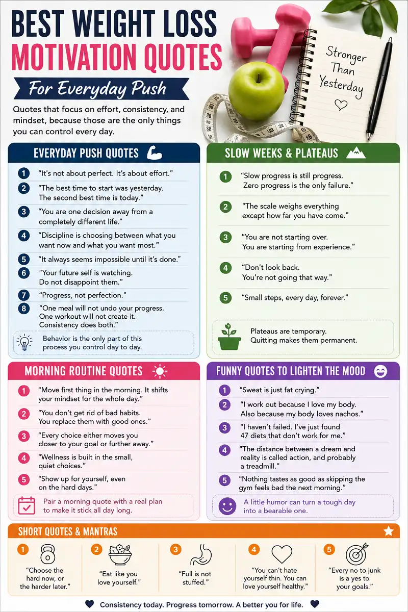 Weight loss motivation quotes infographic with daily, plateau, morning, funny, and short mantras.