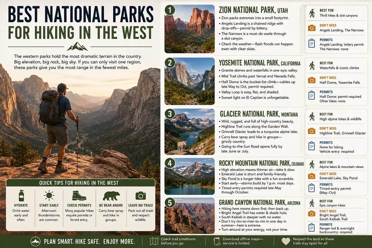 Infographic featuring the best Western U.S. national parks for hiking with key travel tips.
