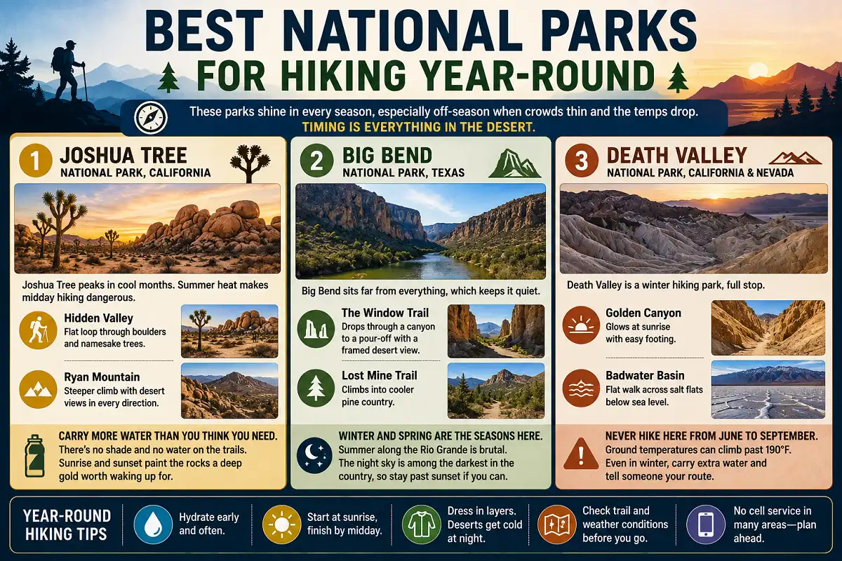 Infographic comparing year-round hiking in Joshua Tree, Big Bend, and Death Valley parks.