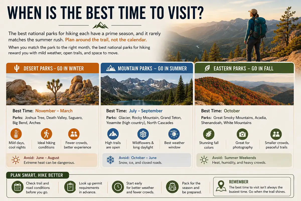 Infographic showing the best seasons to visit national parks for hiking across the U.S.