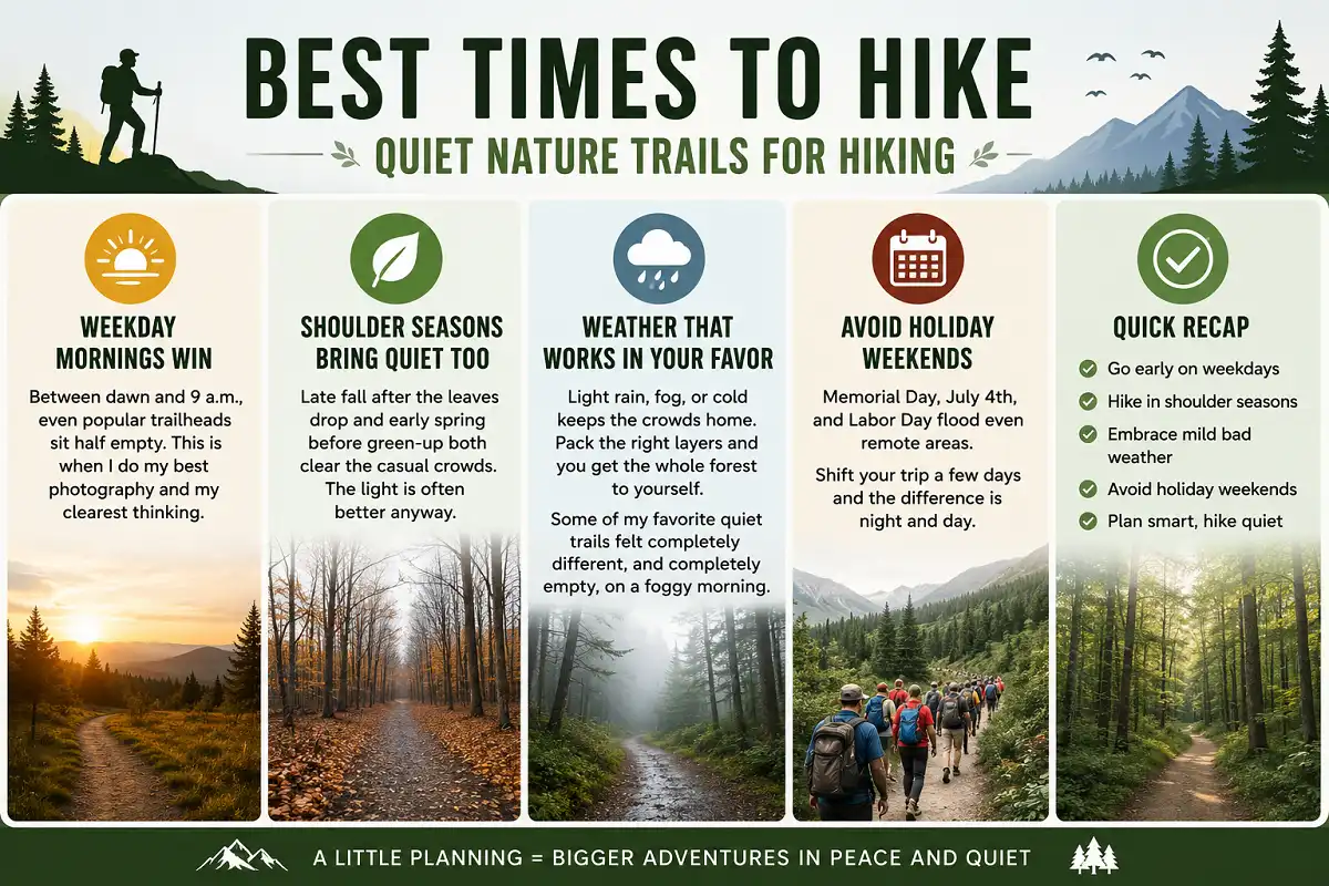 Infographic showing the best times to hike quiet nature trails and avoid crowds.