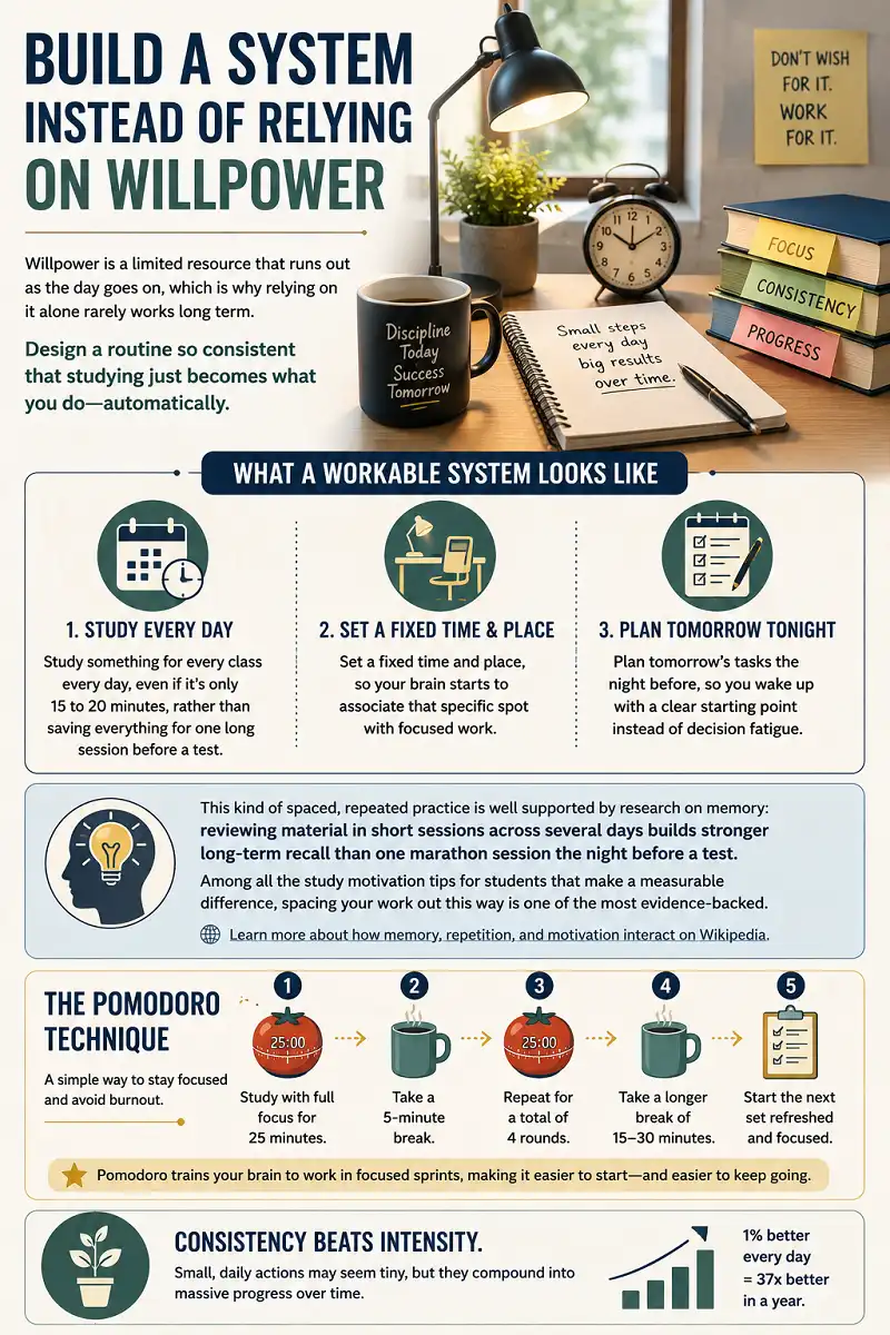 Study infographic showing daily routines, spaced practice, and the Pomodoro technique.