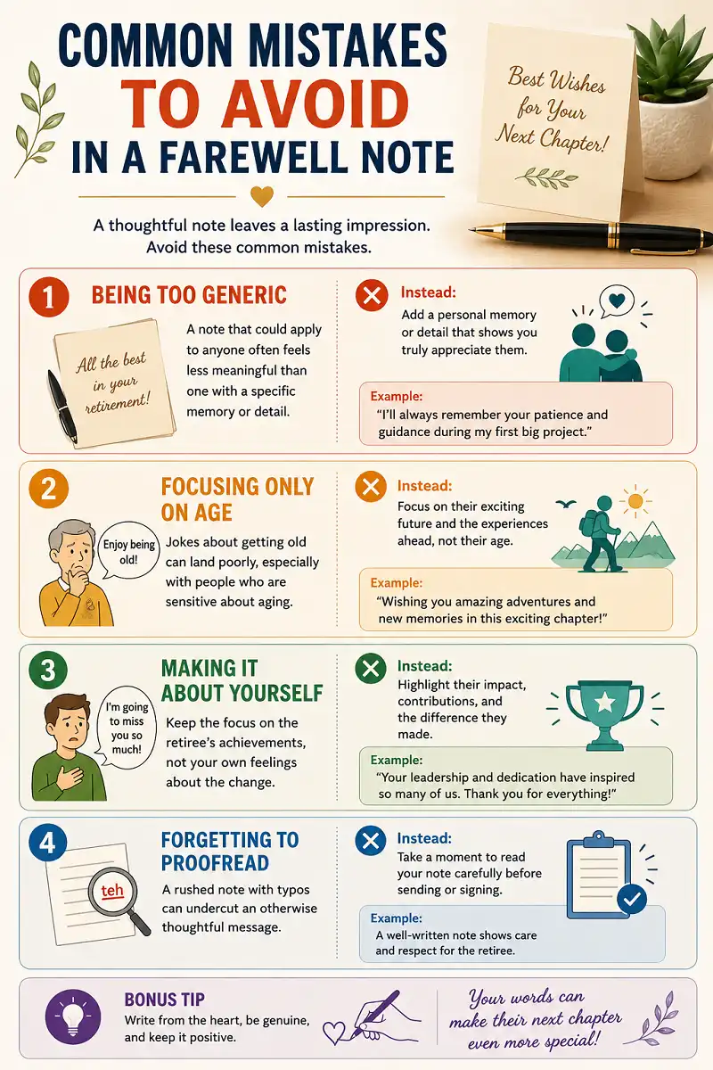 Infographic showing four common farewell note mistakes and how to avoid them.