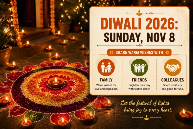 Diwali wishes and greetings 2026 infographic showing the November 8 date and message ideas for family, friends, and colleagues