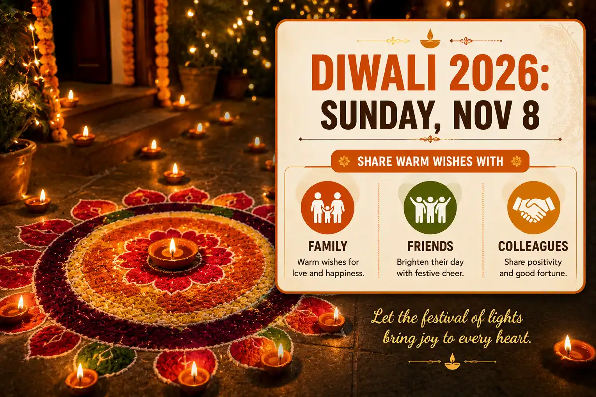 Diwali wishes and greetings 2026 infographic showing the November 8 date and message ideas for family, friends, and colleagues