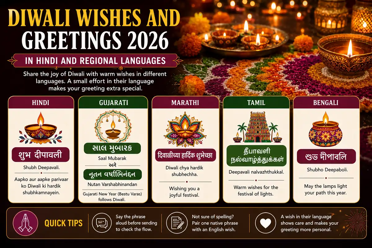 Diwali 2026 greetings in Hindi, Gujarati, Marathi, Tamil, and Bengali.