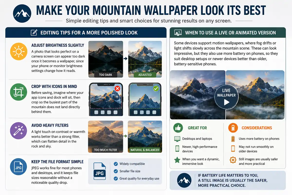 Infographic with mountain wallpaper editing tips and live wallpaper battery advice.