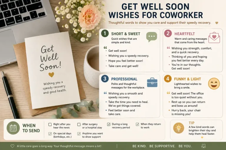 Infographic showing get well soon wishes for coworker sorted by tone, with a card and flowers on a desk