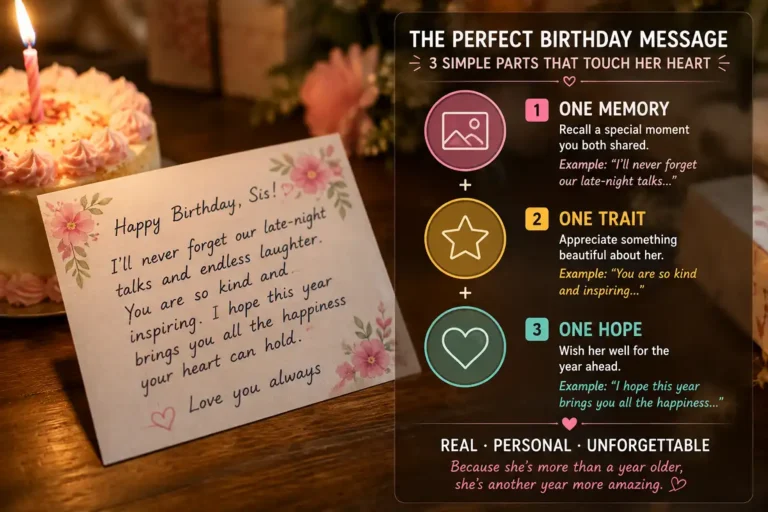 Infographic showing how to write happy birthday wishes for sister using one memory, one trait, and one hope