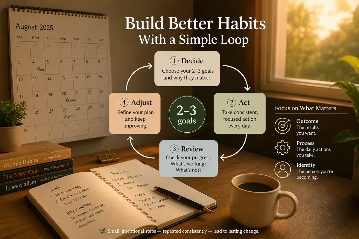 Infographic showing goal setting strategies for 2026 as a decide, act, review, adjust loop on a real planner