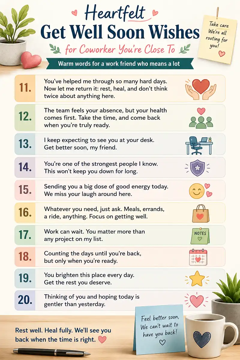 Heartfelt get well soon wishes for a close coworker in a warm infographic