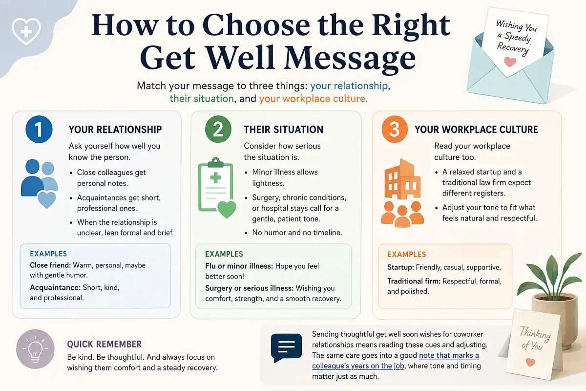 Infographic explaining how to choose the right get well message based on your relationship with the person, their health situation, and workplace culture, with examples for colleagues, acquaintances, minor illnesses, surgery, and serious conditions.