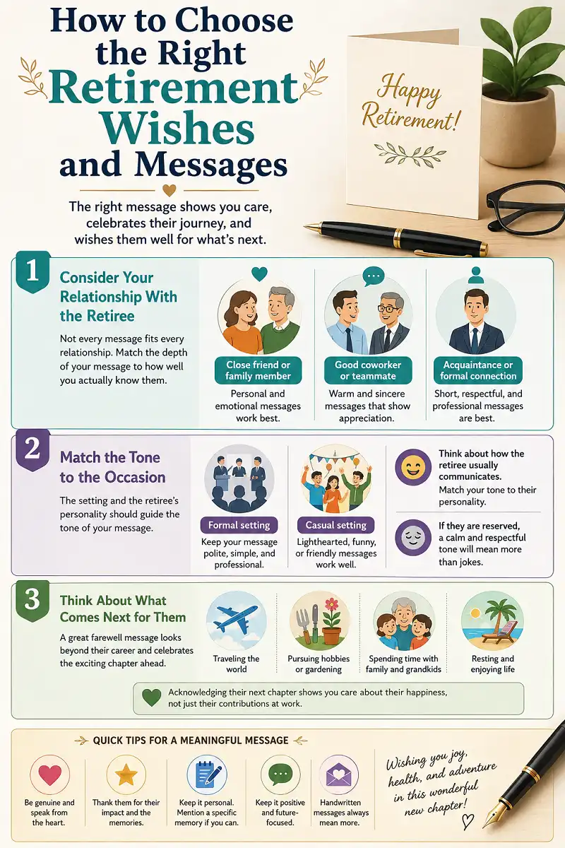 Infographic showing how to choose thoughtful retirement wishes by relationship, tone, and future plans.