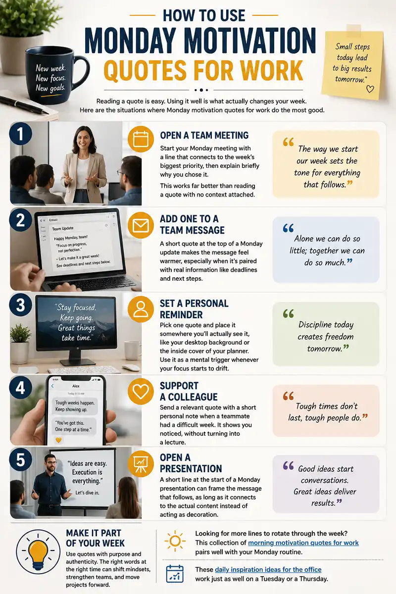 Five practical ways to use Monday motivation quotes at work.