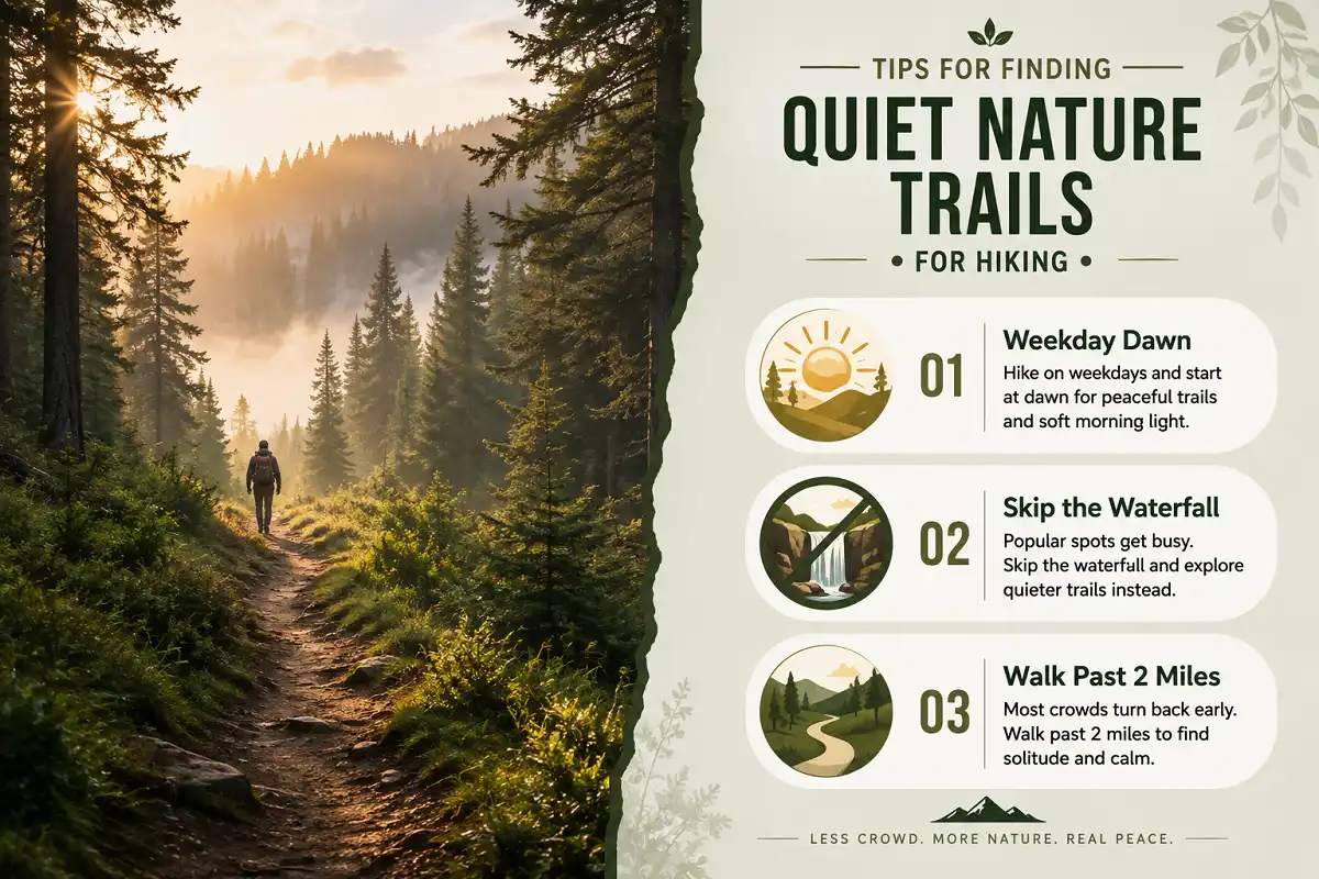 Infographic showing how to find quiet nature trails for hiking: weekday dawn, skip the waterfall, walk past two miles
