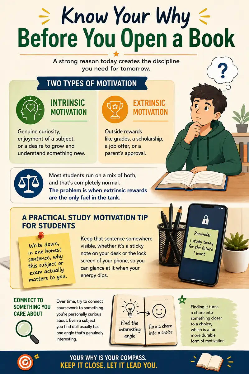 Infographic showing intrinsic and extrinsic study motivation tips for students.
