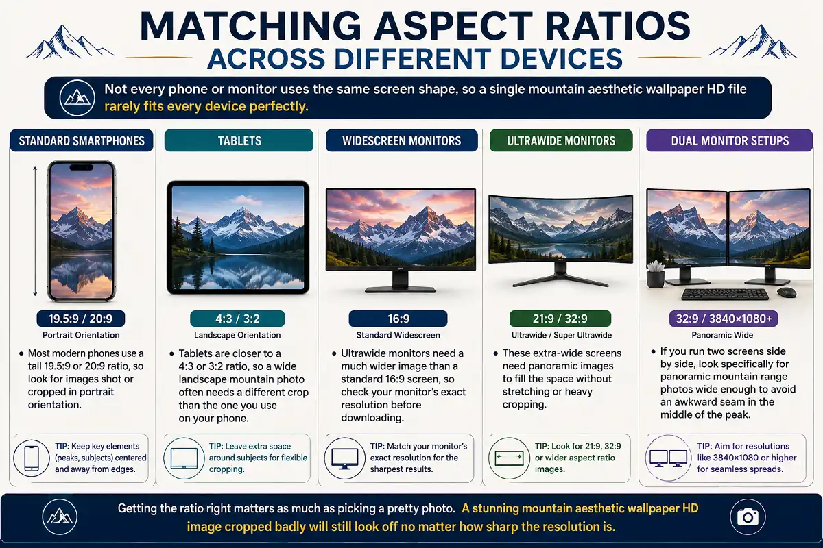 Infographic comparing wallpaper aspect ratios for phones, tablets, monitors, and dual screens.