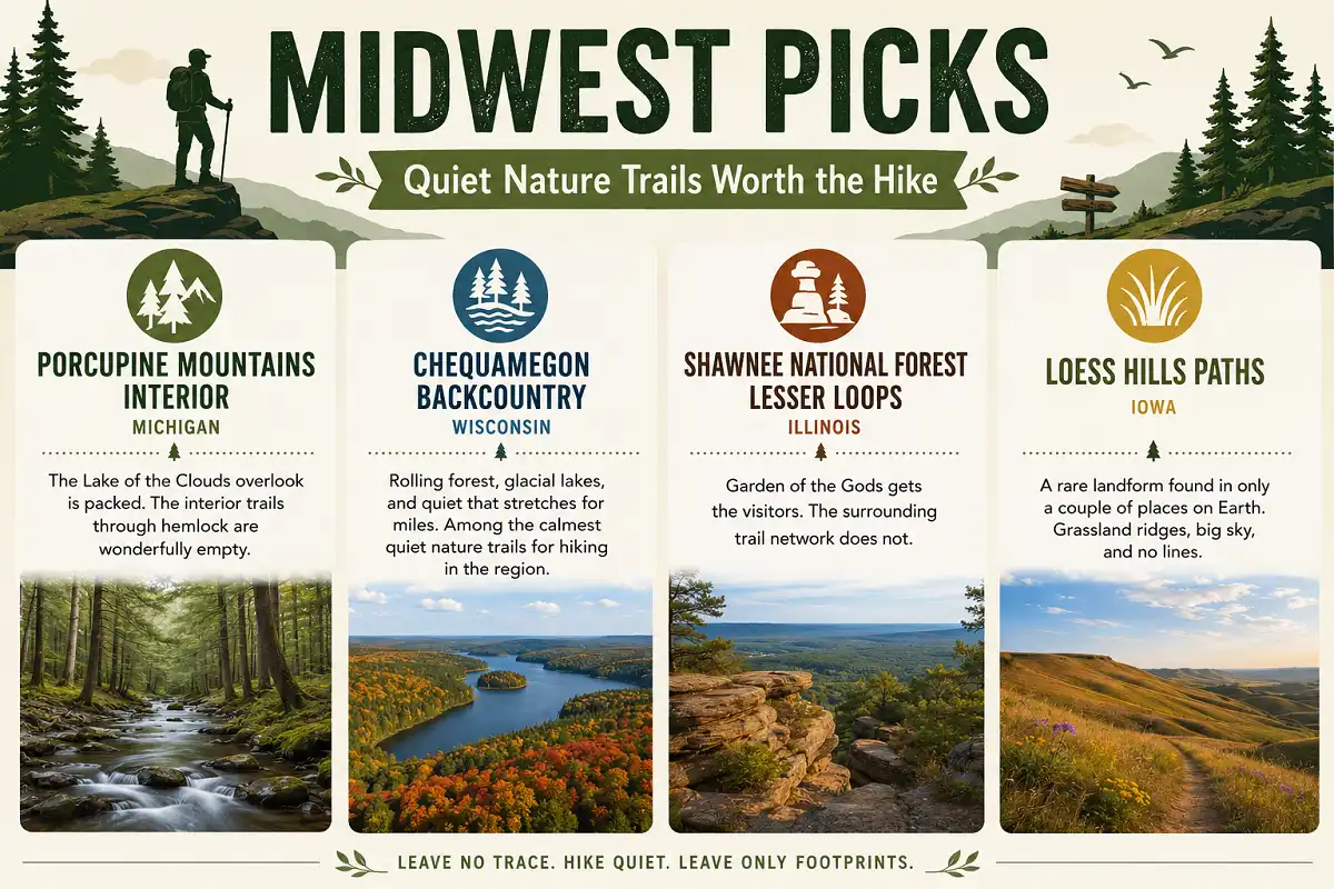 Infographic featuring four quiet Midwest hiking trails in Michigan, Wisconsin, Illinois, and Iowa.