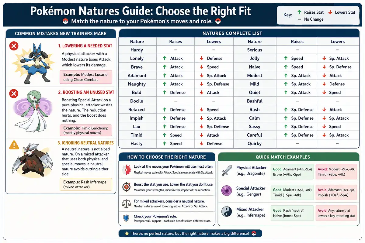 Infographic explaining Pokémon natures, common mistakes, and a complete nature stat guide.