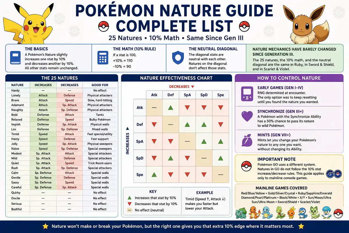 Infographic explaining Pokémon nature mechanics, Mints, Synchronize, and mainline game rules.