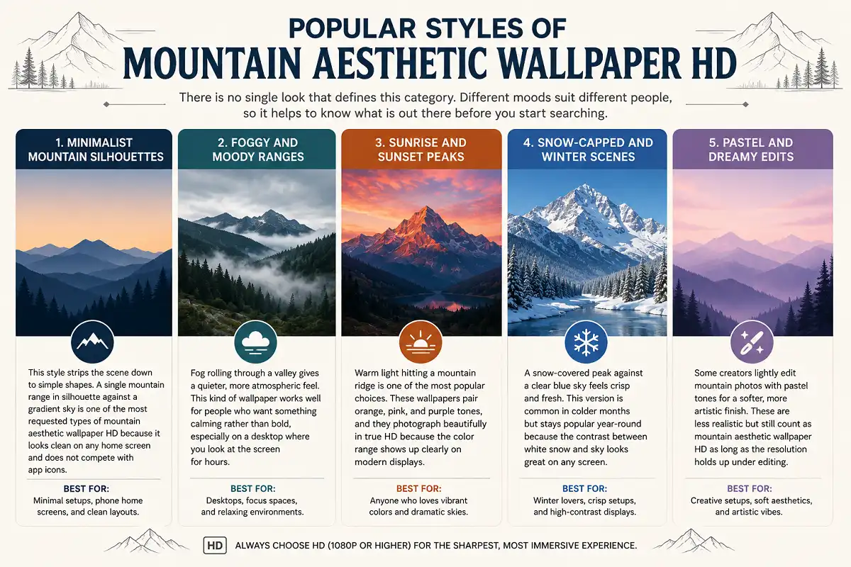 Infographic comparing five HD mountain wallpaper styles from minimalist to snowy and pastel scenes