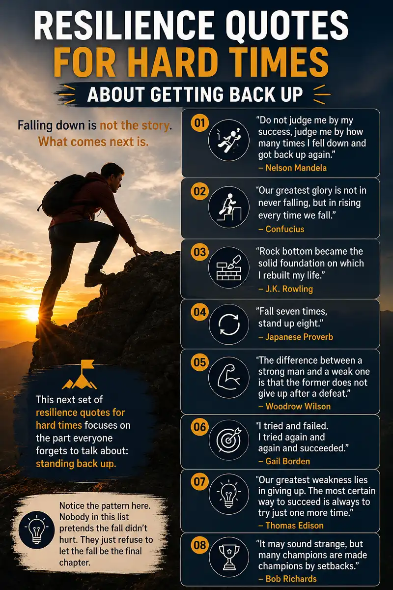 Resilience quotes about overcoming setbacks and getting back up after falling.
