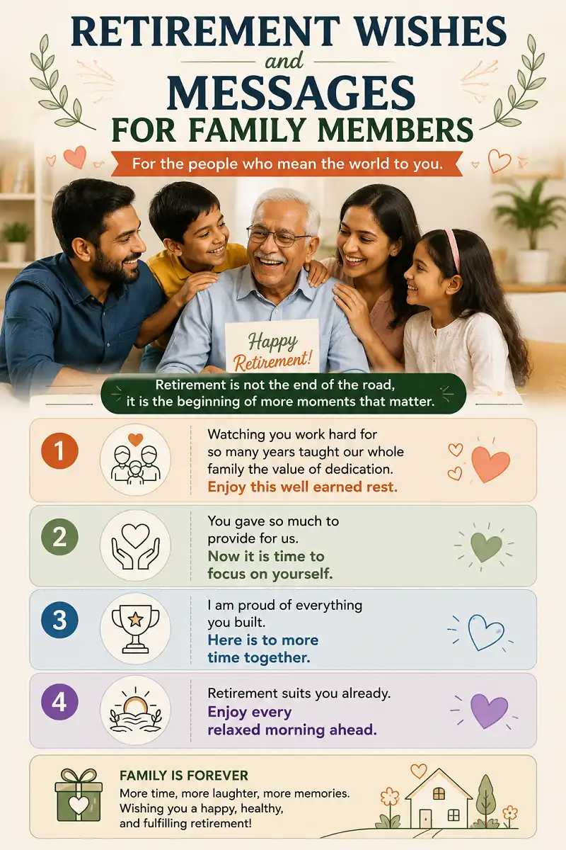 Heartfelt retirement wishes and messages for parents, grandparents, and siblings.