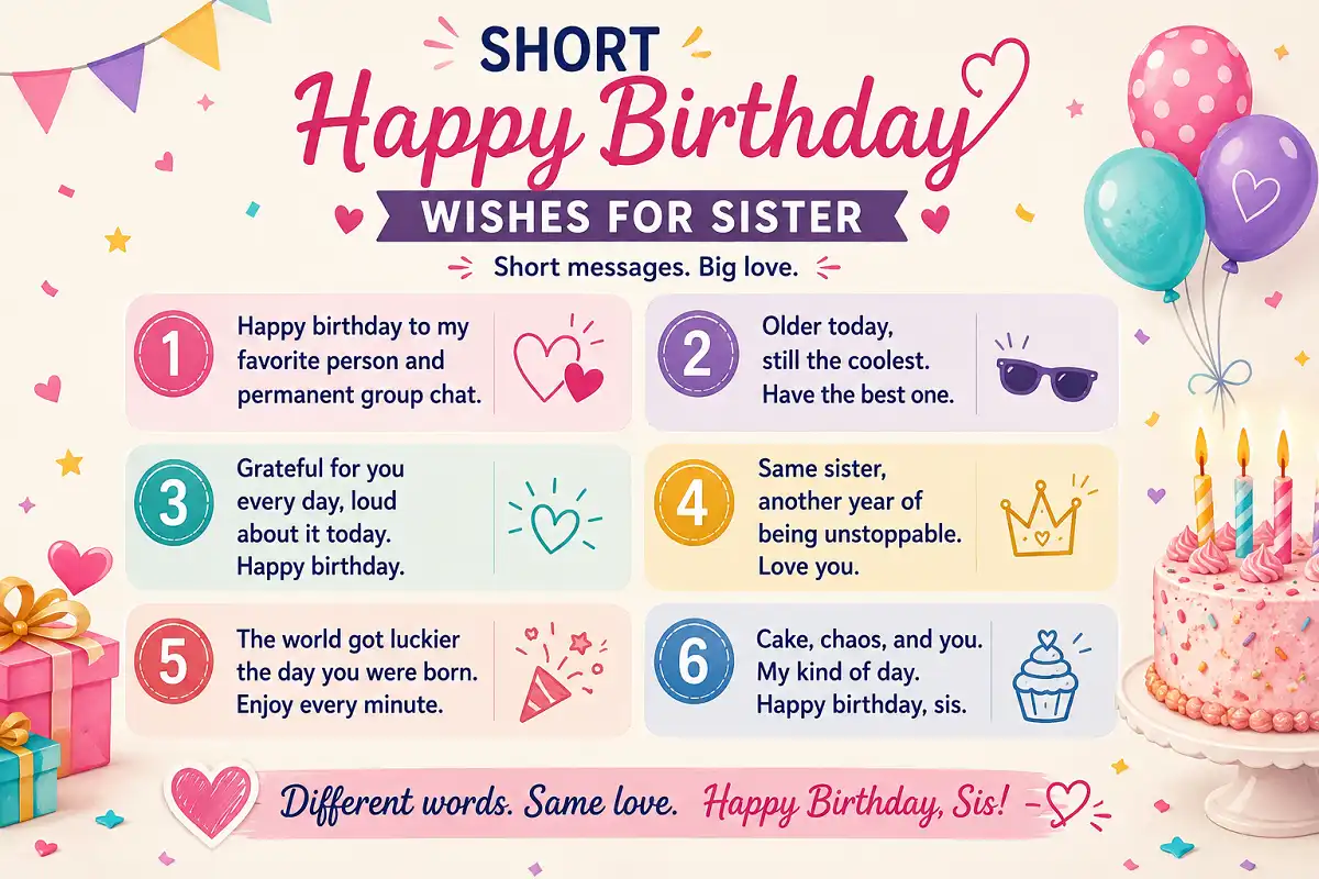 Birthday infographic with six short and heartfelt wishes for a sister.