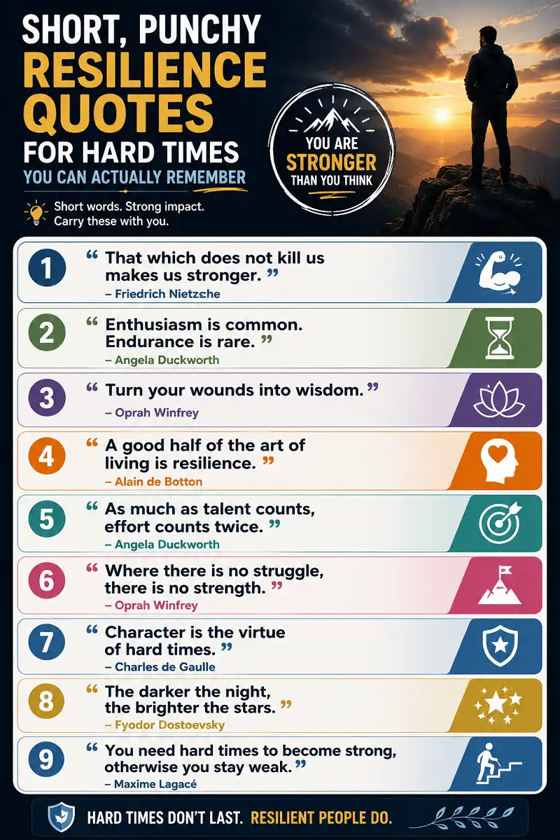 Infographic featuring nine memorable resilience quotes for difficult times.