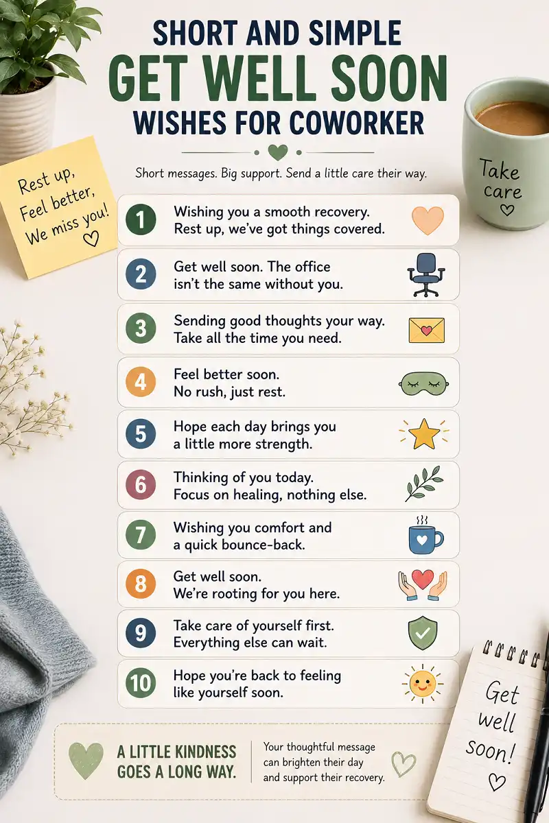 10 short get well soon wishes for a coworker with warm office themed visuals